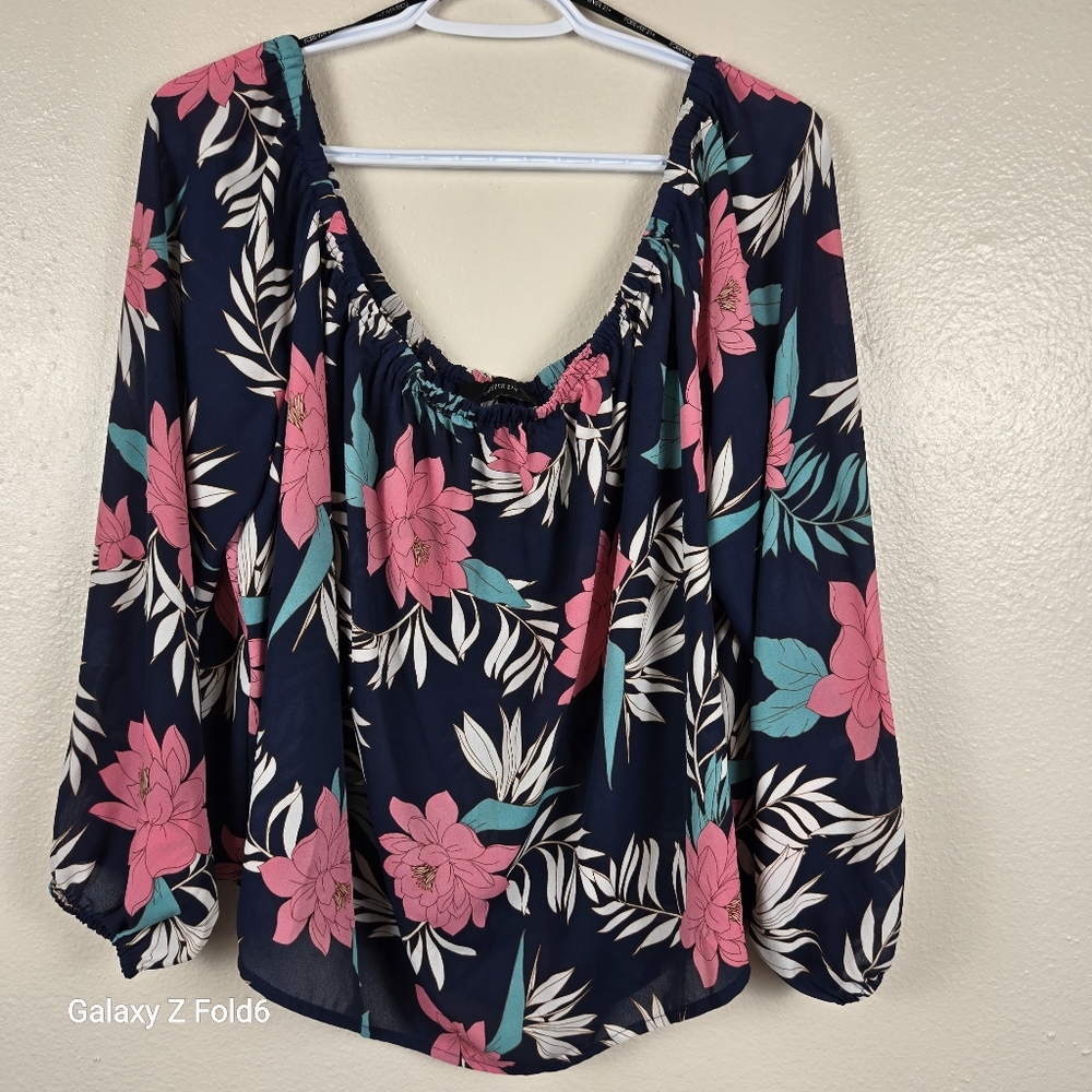 Forever 21+ Floral Off Shoulder Blouse Navy Pink Long Sleeve XL Resort Cruise